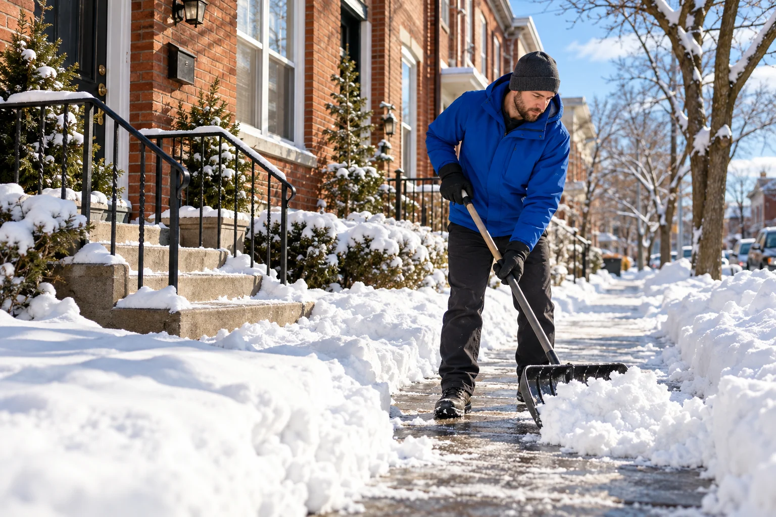 An illustrative winter scene of a neighbor in a blue jacket clearing a snowy sidewalk.